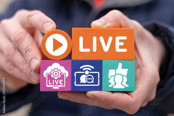 Fototapeta Concept of live streaming. Online web stream technology. Broadcast social media data.