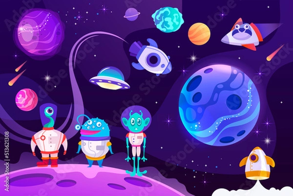 Fototapeta Space travel. Planets, aliens and rockets. Space childish banner. Vector cartoon illustration. EPS 10