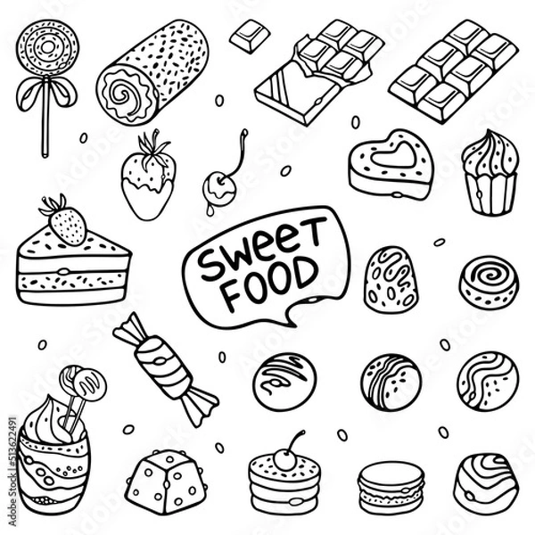 Obraz Sweet Food Doodle outline Vector Set. Collection of chocolate candy sweet food illustration in engraving style