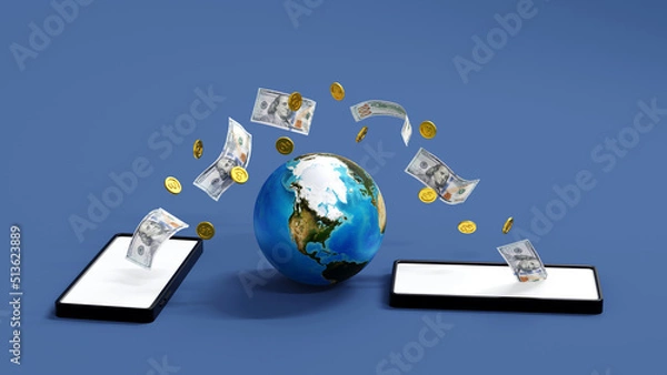 Fototapeta Mobile banking concept, coin and dollar banknote moving from smartphone to other cellphone, online money transfer, 3D rendering. Element by NASA.