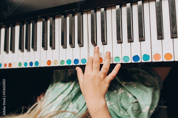Fototapeta children hands playing on a synthesizer with white and black keys with musical term. learning to play piano for children. selective focus