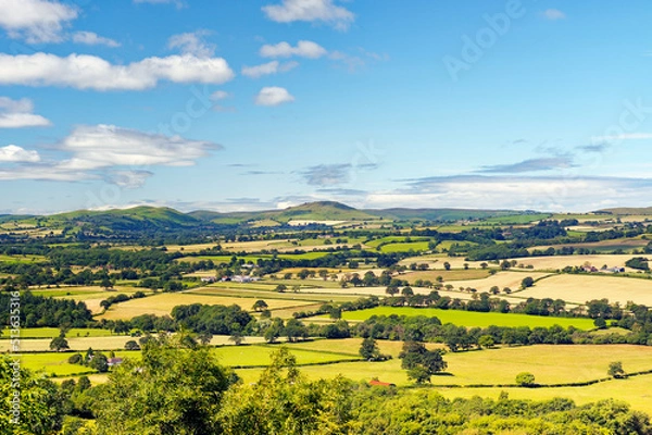 Fototapeta Southwest from Wenlock Edge near Easthope over summer farmland of Ape Dale to Caer Cardoc and The Long Mynd, Shropshire, England