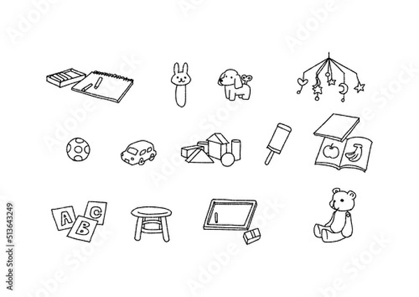 Fototapeta 赤ちゃんや幼児が遊ぶおもちゃのセット（線画のみ、背景透過）