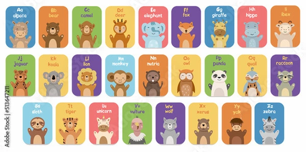 Fototapeta Alphabet cards for kids. Educational preschool learning ABC card with animal and letter cartoon vector illustration set. Flashcards with cute characters and english words placed in alphabetical order.
