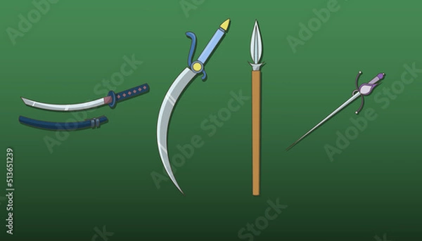 Fototapeta A set of weapons in flat style. Katana, rapier, saber, spear. Vector illustration