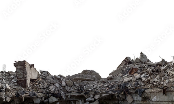 Fototapeta Panorama. A pile of gray concrete debris remains of a destroyed building isolated on a white background