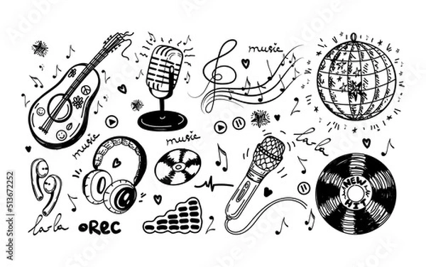 Obraz A set of hand-drawn musical elements in sketch style. Guitar or ukulele. Headphones, microphones, CDs, audio, Disco ball, violin key with notes and recording icons. Vector simple isolated illustration