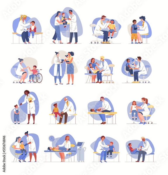Fototapeta Big set of scenes from children visiting doctor. Consultation of parents on children's diagnostics. Friendly medical workers with little patients. Vector characters flat cartoon illustrations.