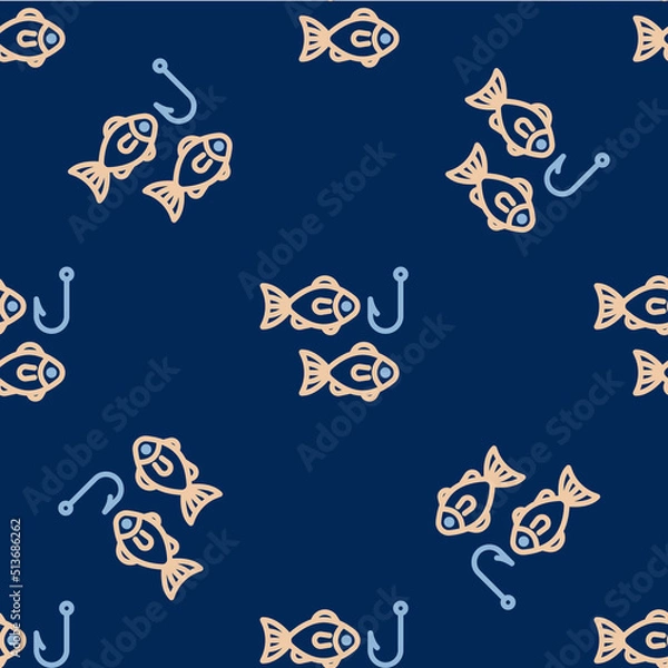 Fototapeta Line Fishing hook under water with fish icon isolated seamless pattern on blue background. Fishing tackle. Vector