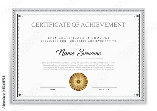 Fototapeta Certificate of achievement template, black and grey. Clean modern certificate with gold badge. border with simple vintage ornament. Diploma vector template