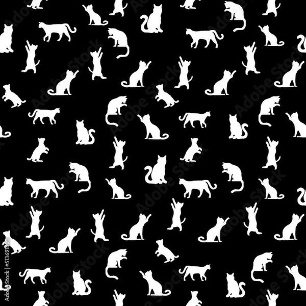 Obraz Set vector silhouettes of the cat, different poses, standing, jumping and sitting. Black and white cat seamless pattern on black background. Graphic design for decorating, wallpaper, fabric and etc.