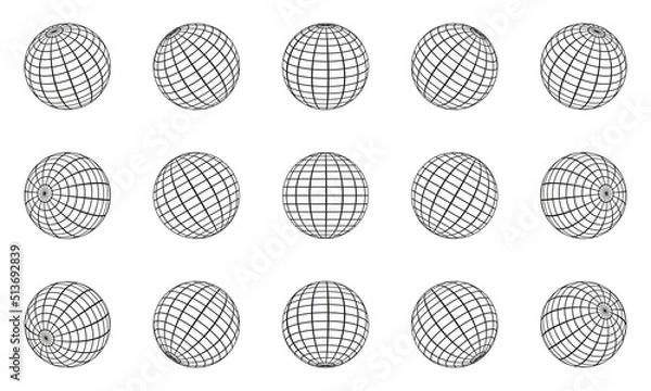 Fototapeta Globe Grid Sphere Set. 3D Wire Global Earth Latitude, Longitude. Geometric Grid Globe. Wired Line 3D Planet Globe. Round Grid Mesh Ball. Wireframe Globe Surface. Isolated Vector Illustration