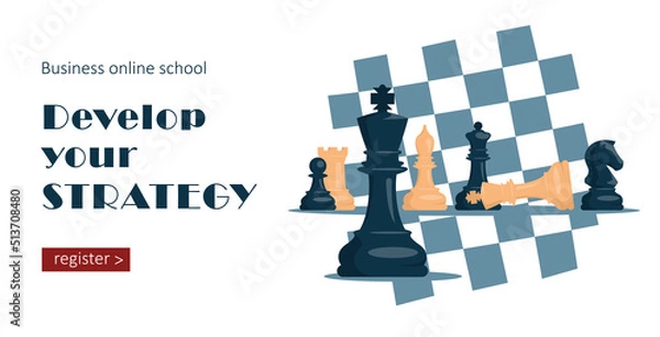 Obraz Chess. Set of white and black chess pieces. Knight, rook, pawn, bishop, king, queen. Advertising banner. Vector image.