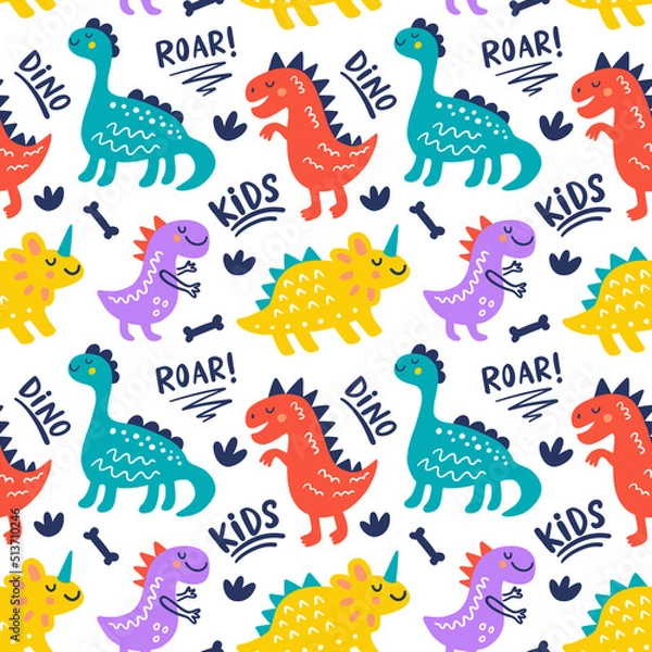 Fototapeta Seamless Pattern with cute funny dinosaur