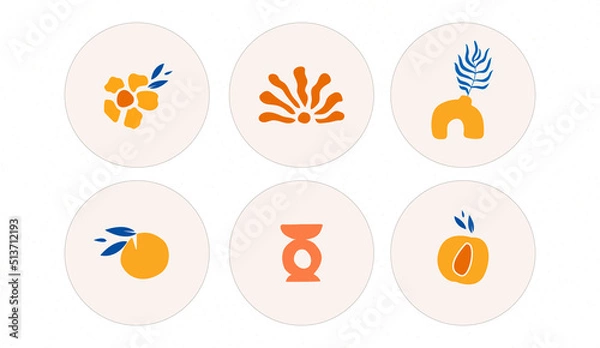 Fototapeta Groovy icons in Matisse style, abstract flora. Vector illustration. Set of icons and emblems for social media news covers. Design templates for yoga studio, tourism, beauty salons