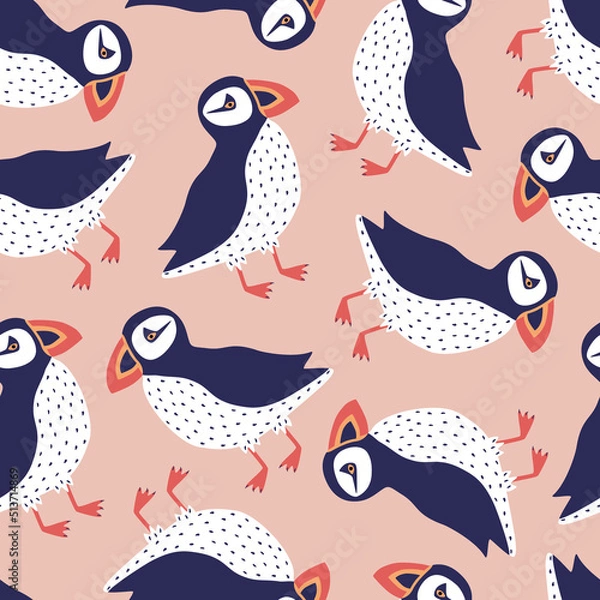 Obraz Nordic puffins hand drawn vector illustration. Cute Icelandic birds in flat style seamless pattern for kids fabric or wallpaper.