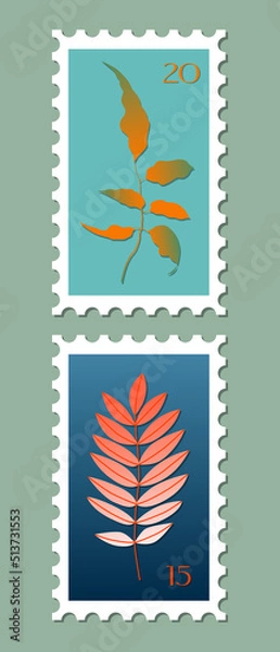 Fototapeta Set of two post stamps illustrations. Variety of modern vector isolated stamps. Autumn vintage concept post theme. Fall leaves drawings  for mail and post design.