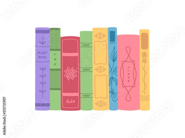 Fototapeta Vertical standing vintage books in colorful cover. Hand drawn vector illustration isolated on white background. Modern flat cartoon style.