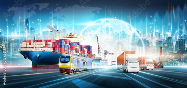 Obraz Smart logistics import export and transportation industrial concept of container cargo freight ship, Truck on highway, Global business logistics technology network distribution on world map background