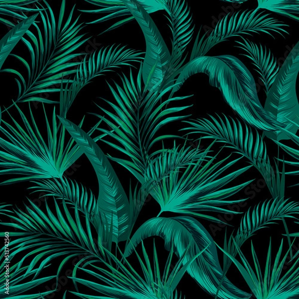 Fototapeta 	
Green tropical palm leaves seamless vector pattern on the black background.Trendy summer print.	
