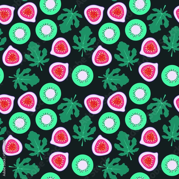 Fototapeta Seamless fig kiwi pattern. Tropical vector illustration. Exotic fruit slices and green leaves. Sweet botanical print for wrapping paper, food package, menu design, wallpaper, fabric. Hand drawn doodle