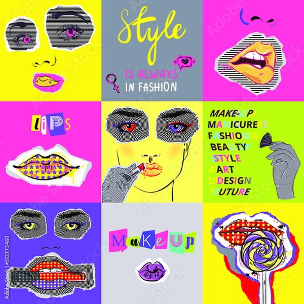 Obraz Vector abstract illustration of female face, lips, eyes, lollipop and text in collage style. Bright psychedelic background for the design of banners, prints, posters, advertising.