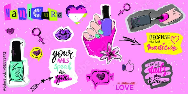 Obraz Vector abstract illustration of stickers of phrases, nail polish, heart, arrow and more in collage style. Bright psychedelic background for the design of banners, prints, posters, advertising. Set of 