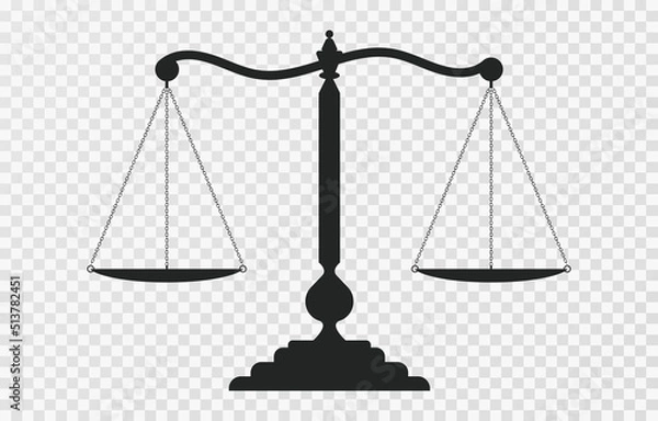 Fototapeta Scales of justice icon. Dark empty scale isolated on transparent background. Bowls of scales in balance, an imbalance of scales. Classic balance icon. Law balance symbol. Vector illustration