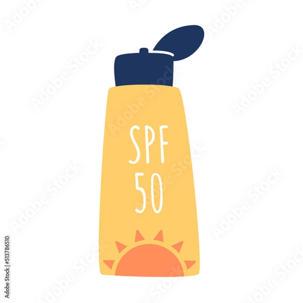 Obraz Large bottle of sun cream SPF 50. Face and body lotion with high protection against UV and uva, uvb rays. Sunscreen protection and sun safety. Hand drawn illustration in flat style.
