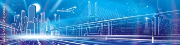Obraz Infrastructure city panorama. Large cable-stayed bridge. Airplane fly. Empty highway. Night modern city on background, towers and skyscrapers, urban scene, vector design art 