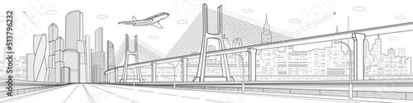 Obraz Infrastructure city panorama. Large cable-stayed bridge. Gray outlines on white background.  Airplane fly. Empty highway. Modern city, towers and skyscrapers, urban scene, vector design art 
