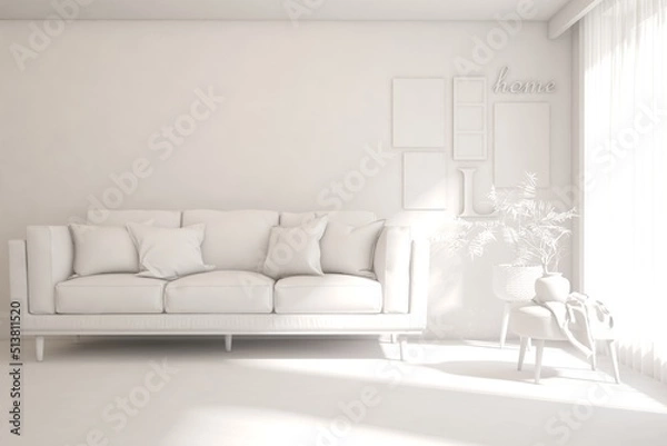 Fototapeta White minimalist living room with sofa. Scandinavian interior design. 3D illustration