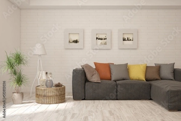 Fototapeta White living room with sofa. Scandinavian interior design. 3D illustration