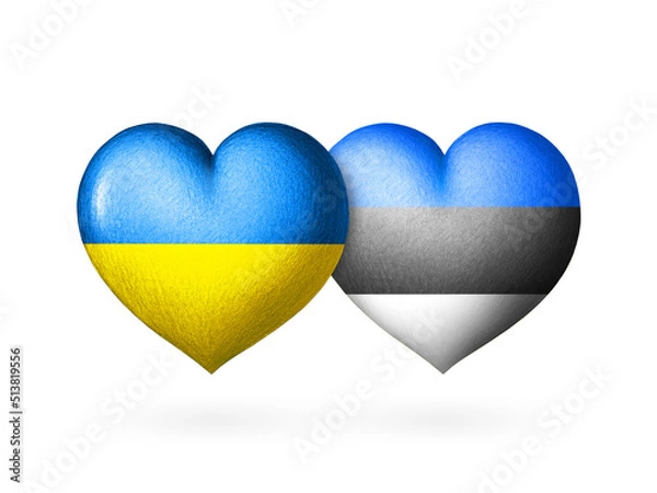 Fototapeta Two flag heart. Flags of Ukraine and Estonia. Two hearts in the colors of the flags isolated on a white background. Protection, solidarity and help.