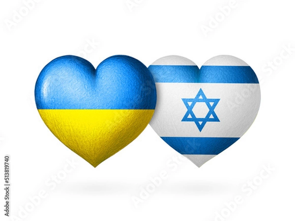Fototapeta Two flag heart. Flags of Ukraine and Israel. Two hearts in the colors of the flags isolated on a white background. Protection, solidarity and help.