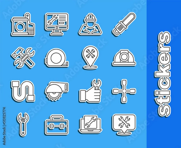 Fototapeta Set line Location with wrench, Wheel, Worker safety helmet, Builder, Roulette construction, Hammer and, Paint bucket brush and icon. Vector