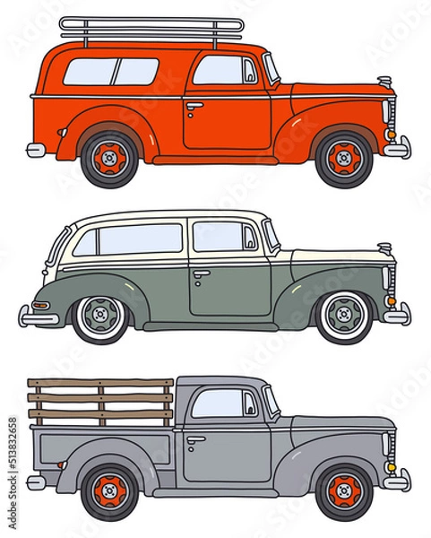 Obraz The vectorized hand drawing of three retro delivery vehicles