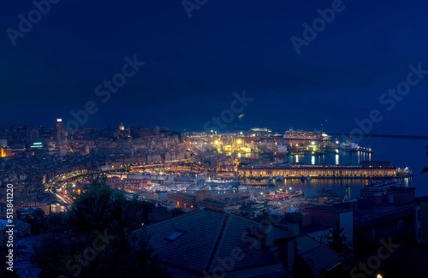 Obraz Night cityscape of Genova with the old port, cruise ships, sea and port cranes in the background
