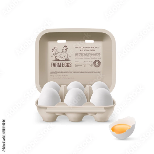 Fototapeta Fresh Organic Chicken Eggs in Open Carton Pack, or Egg Container Isolated on White Background. Six Large Eggs from Eggs Farm in Brand Pack