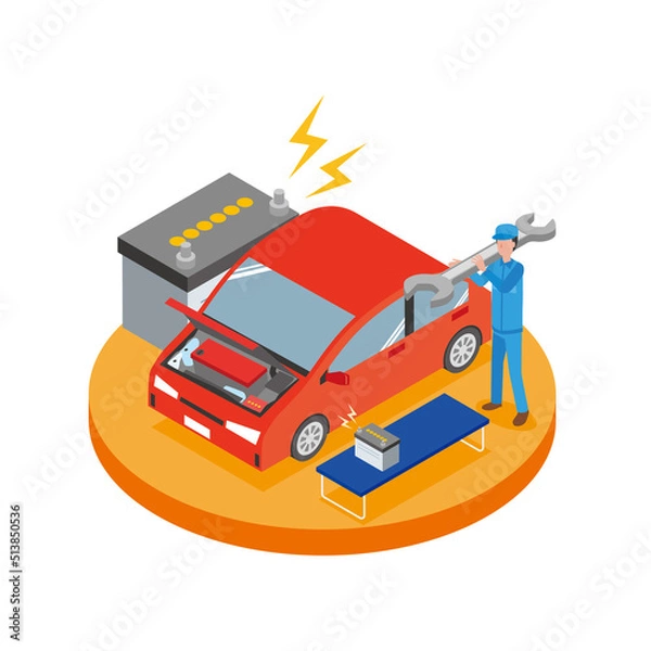 Fototapeta 車のバッテリー交換作業をする作業員