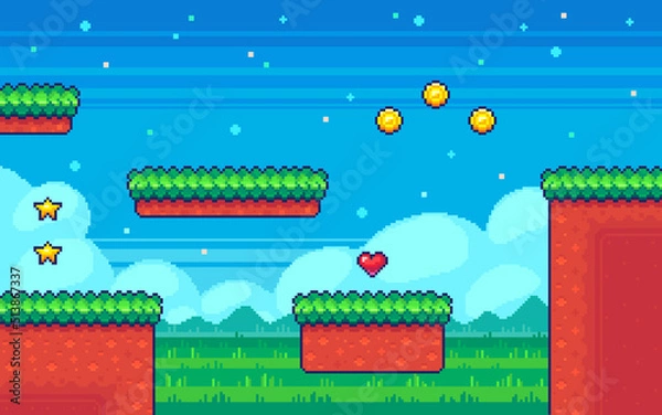 Obraz Pixel art game background. Computer game screen with bonus items