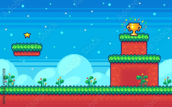 Obraz Pixel art game background. Computer game screen with winner cup