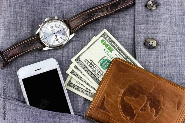 Fototapeta Set of watch and smartphone with wallet with money