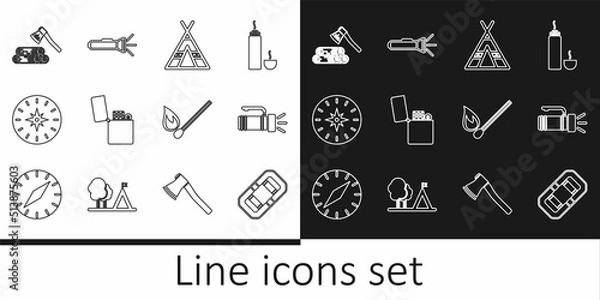 Fototapeta Set line Rafting boat, Flashlight, Tourist tent, Lighter, Compass, Wooden axe and wood, Burning match with fire and icon. Vector