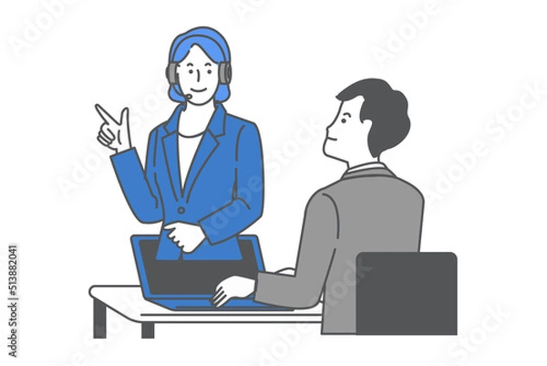 Obraz チャット相談リモート相談をイメージしたイヤホンマイクをつけた女性のベクターイラスト
