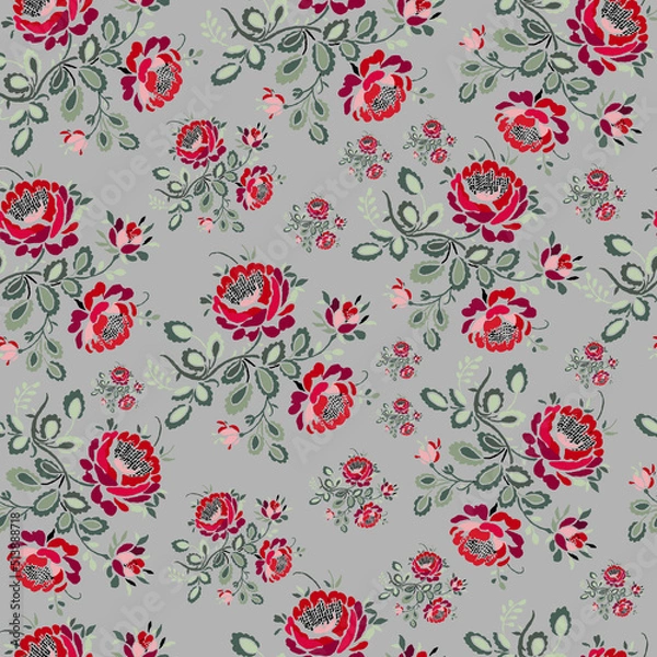Obraz Colorful Red Rose Seamless pattern background_with grey background