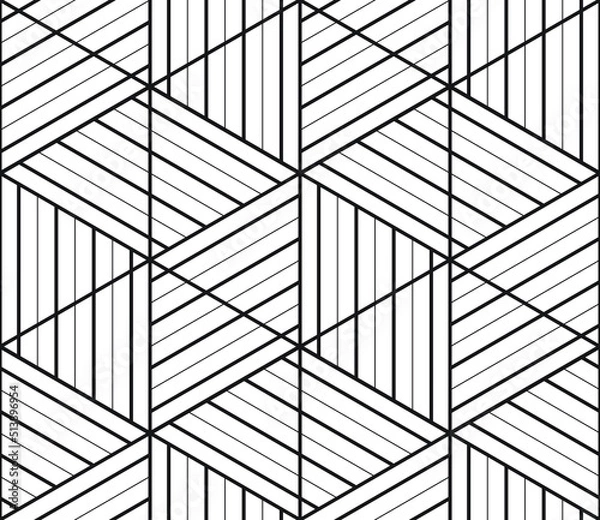 Fototapeta Alternating repeating straight thick and thin lines pattern inside triangles and hexagons in black outline against a white background, geometric vector illustration