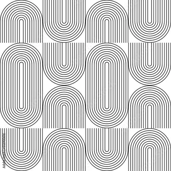 Fototapeta Modern vector abstract seamless geometric pattern with semicircles and circles in retro  style. Black u shapes on white background. Minimalist  illustration in Bauhaus style with simple shapes.