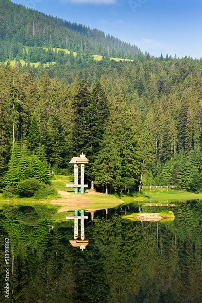 Fototapeta synevyr lake in summer. forest reflection in the water. beautiful travel background. green nature scene