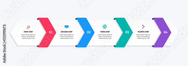 Obraz 4 steps infographic hexagonal design with arrows. Infographic step-by-step design with shadow and icon.